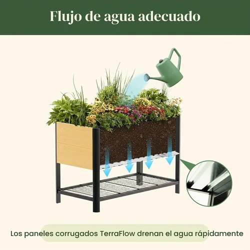Vista 3 de Cama de jardín elevada con ruedas, macetas elevadas de grano de madera de metal de 2 x 4 pies con patas y estante de almacenamiento para patio
