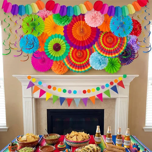Vista 8 de Juego de 35 piezas de decoración para fiesta con abanicos de papel - Pom Poms del Cinco de Mayo, banderines, guirnaldas, pancartas, remolinos