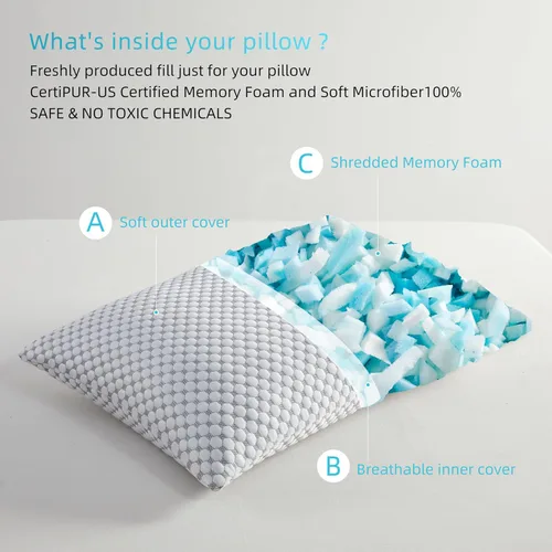 Vista 5 de SAPHREAS Almohadas de cama refrescantes estándar para dormir, almohadas de espuma viscoelástica triturada de hotel de lujo para personas que duermen