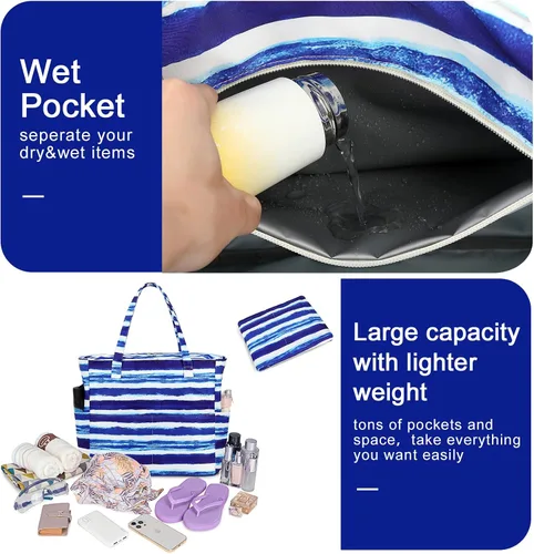 Vista 5 de Bolsas impermeables para la playa y la piscina, para mujeres y mujeres, extragrandes, bolsa de transporte con compartimento húmedo para viajes