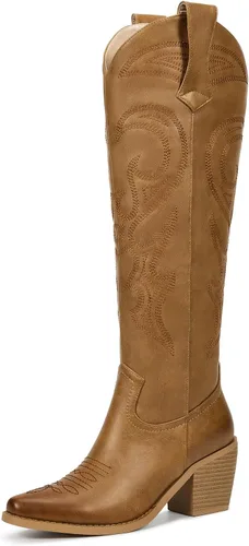 Vista 9 de wetkiss Botas vaqueras para mujer, hasta la rodilla, botas vaqueras para mujer, con diamantes de imitación, cómodas, a la moda, altas y brillantes