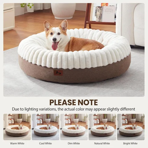 Vista 9 de Cama para perros en forma de dona, tamaño mediano, camas redondas para perros y gatos pequeños y medianos con piel sintética esponjosa lavable, cama