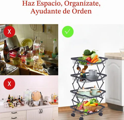 Vista 3 de Cesta de frutas de 4 niveles para cocina, apilable de alambre de metal, cesta de frutas y verduras con ruedas, carrito de utilidad con ruedas