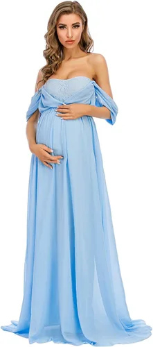 Vista 3 de ZIUMUDY Vestido de gasa de maternidad con hombros descubiertos para sesión de fotos, maxi vestido de encaje para baby shower, vestido de fiesta