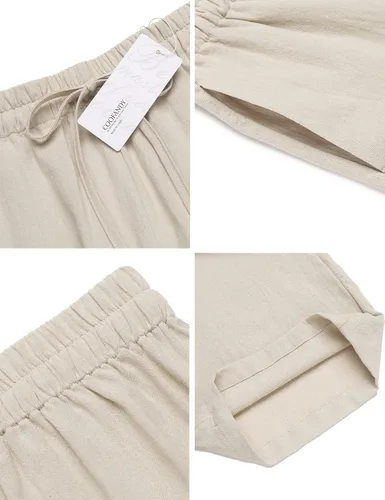 Vista 4 de COOFANDY Pantalones casuales de lino para hombre con cintura elástica y cordón para playa