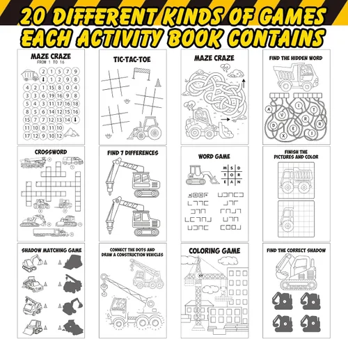 Vista 4 de Sinmoe Juego de 36 libros de actividades para fiestas infantiles, incluye camiones de construcción: camiones volquete, excavadoras, grúas, tractores