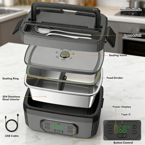 Vista 7 de Fiambrera eléctrica para adultos – Fiambrera recargable inalámbrica calentada, calentador de alimentos autocalentable de 1.2 L para oficina, viajes