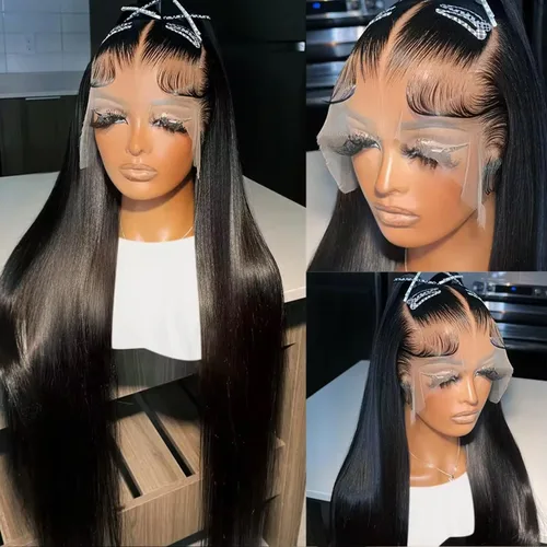 Vista 16 de Pelucas de cabello humano lacio con encaje frontal de hueso de 13 x 4 para mujeres negras, densidad del 200 %, peluca frontal de encaje transparente
