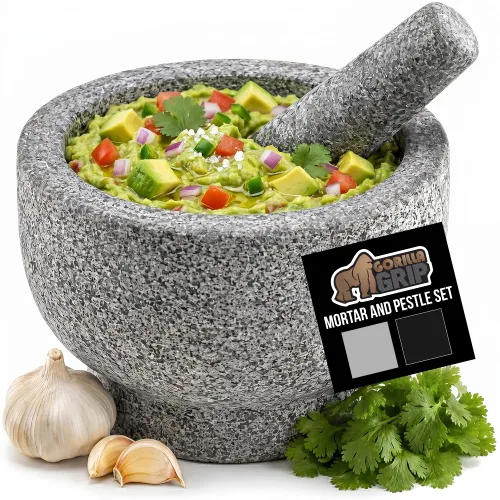 Vista 10 de GORILLA GRIP Juego de mortero y mazo de servicio pesado con base antideslizante, 100% piedra de granito molcajete tazón de guacamole, moler semillas