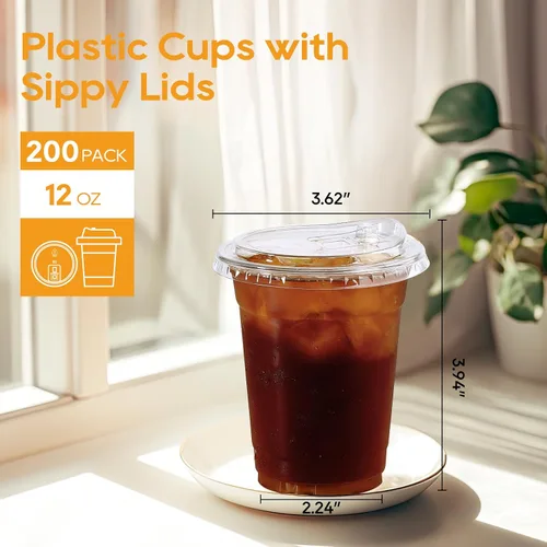 Vista 2 de Turbo Bee 12 OZ 200 Juegos Vasos de Plástico Transparente Cristalino con Tapas para Sorber sin Pajilla, Vasos de Plástico Desechables Transparentes