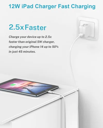 Vista 2 de Cargador de pared y cable para iPad de Apple, 10 pies, 2 juegos, bloque de carga rápida para iPad de 12 W, cable Lightning de 10 pies certificado