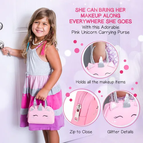 Vista 6 de Kit de maquillaje de simulación para niñas pequeñas con bolso de unicornio: juego de juguetes de maquillaje falso (no real) para niños pequeños