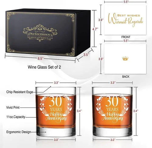 Vista 2 de Perfectinsoy Juego de regalo de cristal de whisky de 30 años, regalo de boda para mamá, papá, abuelos, alma gemela, pareja, regalos de 30 años