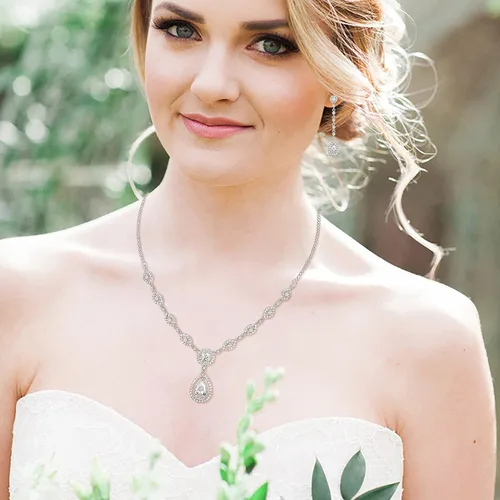 Vista 2 de EVER FAITH Juego de joyas nupciales para mujer, impresionante diseño de lágrima con circonita cúbica y piedra natal, collar y aretes, regalo