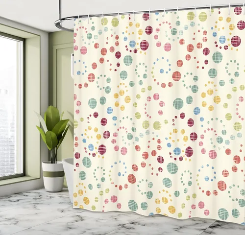 Vista 4 de Ambesonne Cortina de ducha de arte moderno, diseño de lunares grunge, diseño retro y nostálgico estético, juego de decoración de baño de tela
