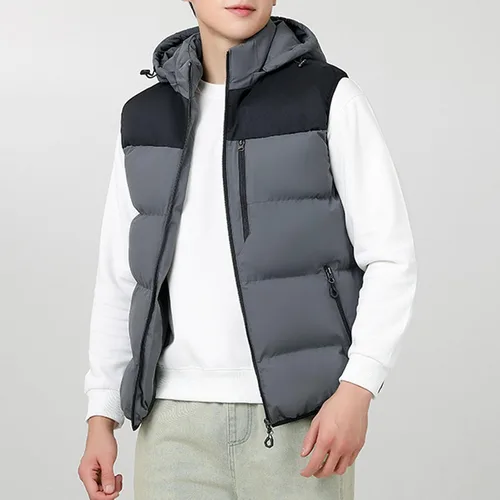 Vista 3 de Chaleco de invierno para hombre, acolchado, sin mangas, con capucha extraíble, informal, con cremallera y cálido.