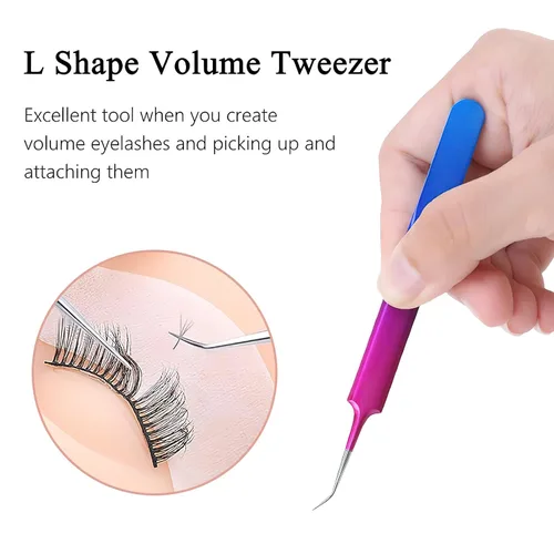 Vista 4 de Pinzas de pestañas aislantes para extensiones de pestañas de volumen, acero inoxidable de precisión profesional, color morado 6.89 x 1.5 x 0.79
