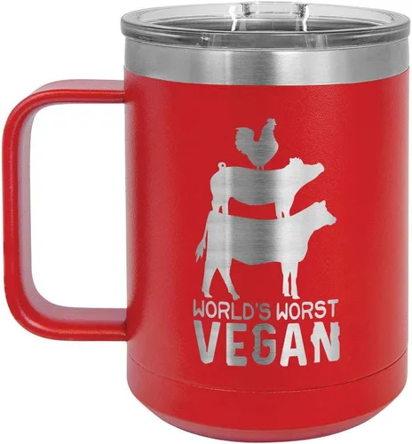 Vista 7 de Worlds Worst - Taza de café vegana negra de 15 onzas con tapa superior deslizante, taza de café de viaje aislada Idea de regalo para barbacoa