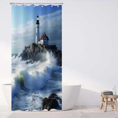 Vista 4 de Cortina de ducha con diseño de océano azul, faro, náutico, costero, escénico, naturaleza, rock, blanco, juego de decoración de baño, lavable a