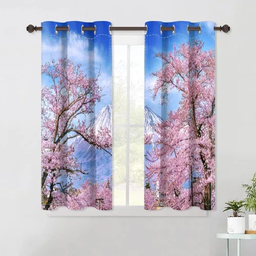 Vista 17 de Cortinas japonesas con pintura de tinta, monte Fuji, sol rojo, puesta de sol, hojas de bambú, cortinas de ventana para dormitorio, sala de estar