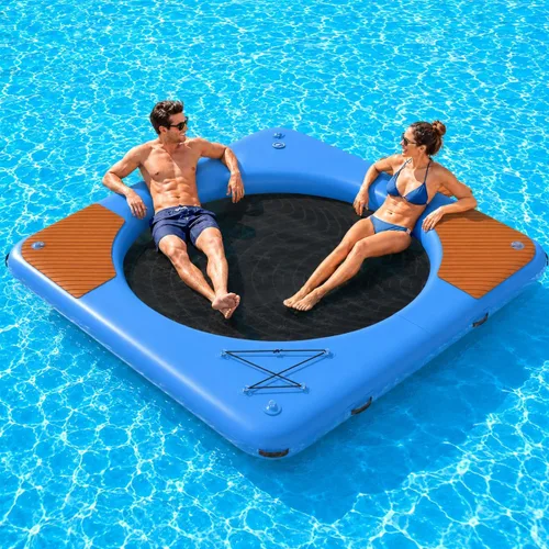 Vista 25 de Muelle flotante inflable redondo de 6 a 12 pies, anillo de flotador Sunchill, hamaca de agua para broncear flotadores de piscina con tela tejida
