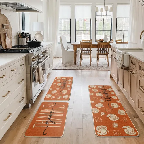 Vista 5 de Artoid Mode Juego de 3 tapetes de cocina de pavo y calabaza con hojas de arce y Acción de Gracias, decoración del hogar, alfombras de cocina de bajo