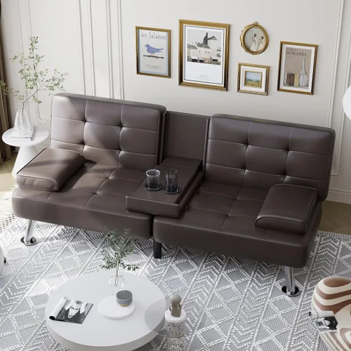 Vista 8 de Shahoo - Sofá cama convertible tipo futón plegable para sala de estar, sofá cama con respaldo tapizado de cuero sintético, sillón con reposabrazos