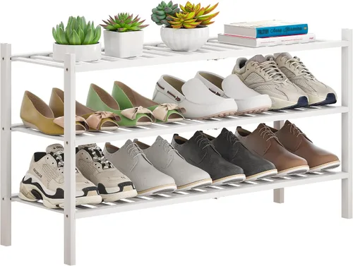 Vista 21 de Zapatero de bambú apilable para zapatos, organizador de almacenamiento para unidad, entrada, pasillo y armario, estante resistente independiente