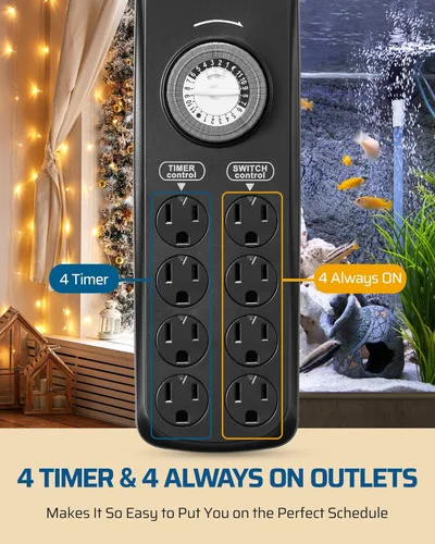 Vista 2 de DEWENWILS - Tira de enchufes con temporizador mecánico de 8 salidas, cable de alimentación de 6 pies y enchufe plano, temporizador mecánico