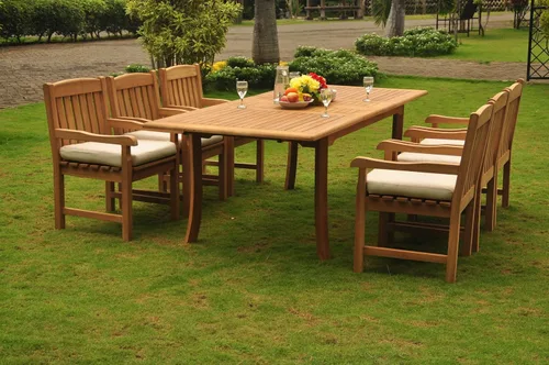 Vista 3 de Juego de comedor de madera de teca de 6 plazas, 7 piezas: mesa rectangular de comedor de doble extensión de 9.0 in y 6 sillas de brazo Devon