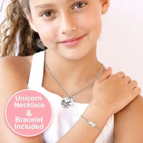 Vista 5 de Joyero musical para niñas con diseño de unicornio y bailarina giratoria, 3 cajones extraíbles, juego de joyería de unicornio incluido, caja