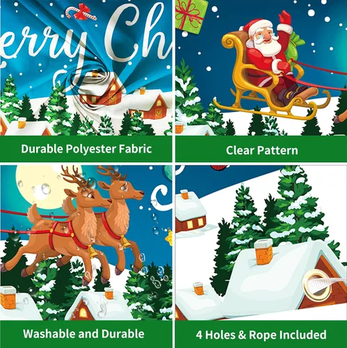 Vista 3 de Cartel de Navidad al aire libre, gran tela azul decoraciones de Feliz Navidad con Papá Noel renos regalos de fondo, cartel de Navidad para patio