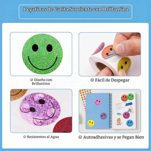 Vista 3 de Anwyll 500 calcomanías de cara sonriente, calcomanías de cara feliz, rollo de calcomanías de sonrisa de 1 pulgada, autoadhesivas, holográficas