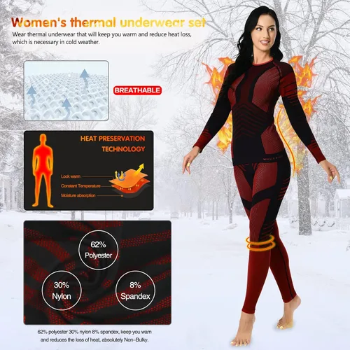 Vista 2 de Conjunto de ropa interior térmica para mujer, pantalones largos de invierno, capa base cálida, conjunto superior e inferior para esquiar