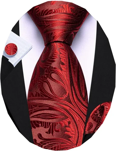 Vista 44 de Barry.Wang Conjunto de corbatas para hombre, seda con diseño de cachemira, corbata tejida formal con pañuelo de bolsillo y gemelos Un Burgandy