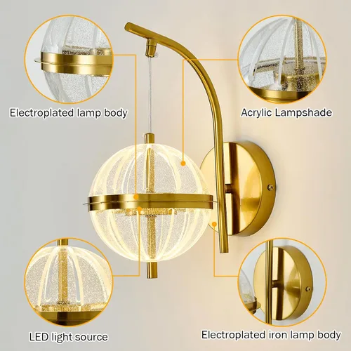 Vista 3 de UOFUS Aplique de pared dorado con pantalla acrílica de globo de mediados de siglo, moderna lámpara de pared LED de 12 W, 3000 K/4000 K/6000 K