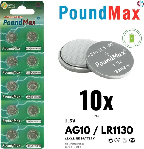 Vista 2 de PoundMax AG10 LR1130 Baterías 1.5 Batería de Botón Alcalino Paquete Combo - 10