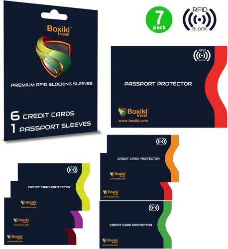 Vista 2 de Boxiki Travel - Fundas de bloqueo RFID con código de color para evitar robos de identidad y sobres de bloqueo RFID (azul marino)