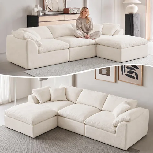 Vista 17 de Sofás modernos de nube de 109 pulgadas para sala de estar, sofá convertible en forma de L de asiento profundo sin huesos con otomana, sofá cómodo