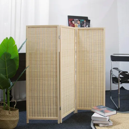 Vista 5 de Furnnylane Pantalla divisora corta de habitación de 3 paneles, partición independiente beige, pequeño divisor de panel de bambú para separación