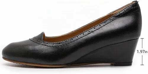 Vista 2 de Mona flying Women's Leather Closed Toe Mid Wedges Pumps Dress Heel Shoes Negro