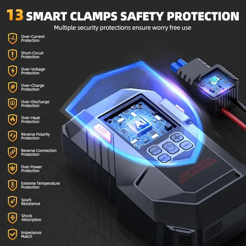 Vista 9 de Iniciador de 10 en 1 con compresor de aire 6000A 26800mAh 160PSI Iniciador de batería de coche portátil (todo gas/12L diésel), caja de arranque