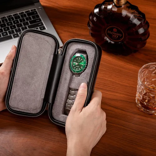 Vista 6 de Mr.Okay Funda de viaje para 2 relojes funda de cuero profesional para hombre, organizador de relojes portátil para almacenamiento y exhibición.