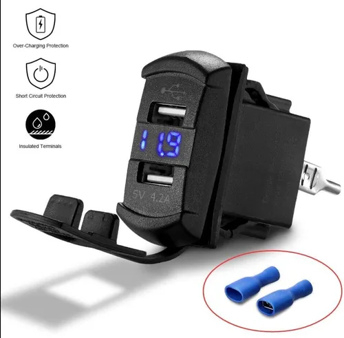 Vista 2 de Cargador de carga rápida de 4.2 A con interruptor basculante USB doble, voltímetro azul para barcos ATV UTV RZR SXS, Turbo, General, Ranger