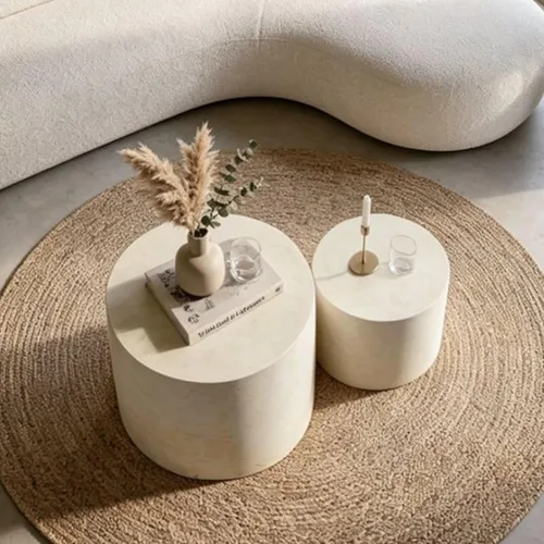 Vista 5 de Mesa auxiliar redonda pequeña, moderna mesa auxiliar anidable de madera para sala de estar, sin montaje, color beige S1-beige