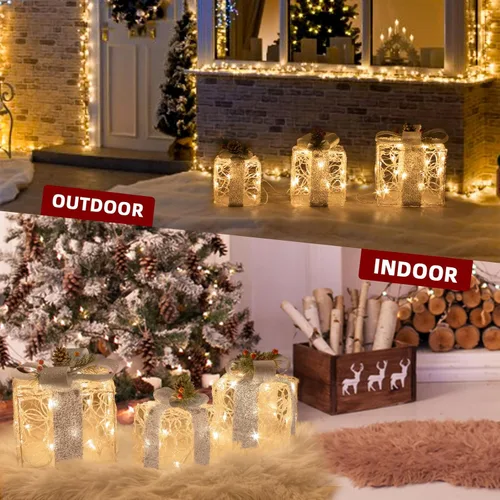 Vista 5 de PEIDUO Cajas de regalo iluminadas de Navidad, juego de 3, decoraciones de regalo al aire libre, paquetes debajo del árbol para interiores, fiestas