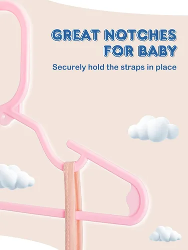 Vista 4 de Paquete de 60 perchas de plástico para niños, color rosa para uso diario 11.4-Inch Baby Clothes Hangers Fit Newborn to Toddler, Non-Slip Notches