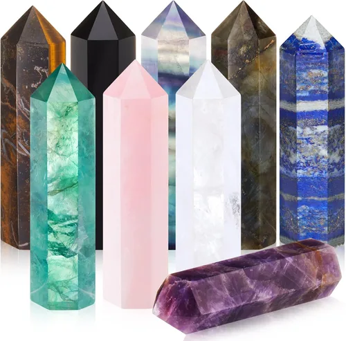 Vista 10 de Junkin 9 juegos de varita de cristal curativo, amatista cuarzo rosa, cuarzo transparente, ojo de tigre, obsidiana, fluorita, labradorita