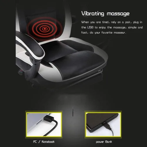 Vista 3 de Leather Desk Gaming Chair with Waist Massage Adjustable Height Reclining Ergonomic Racing Office Chair for Study Office,Black