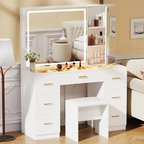 Vista 10 de Escritorio de tocador con espejo iluminado grande, tocador de maquillaje con parte superior de cristal, 7 cajones y brillo ajustable, mesa